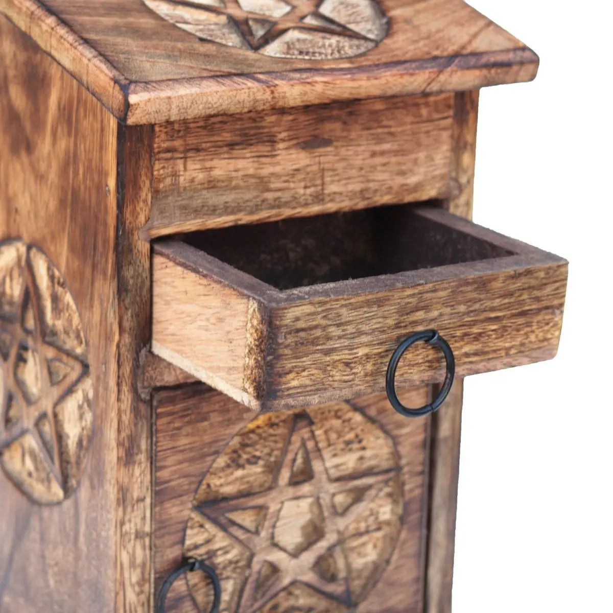 Open Drawer of Pentacle Wood Chest with black metal pull